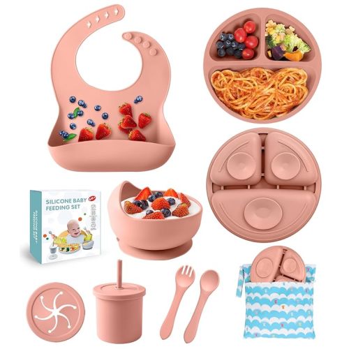 ECLIP Silicone Baby Feeding Set, 10 Pcs Baby Eating Essentials with Suction Bowl Divided Plate Adjustable Bib Soft Spoon Fork Snack Cup with Lid Drinking Cup, Utensil (Brick Red)