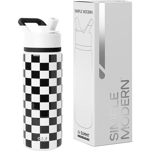 Simple Modern Kids Water Bottle with Straw Lid | Vacuum Insulated Stainless Steel Metal | Reusable Leak Proof BPA-Free Thermos for School | Summit Collection | 18oz, Black and White Checkmate