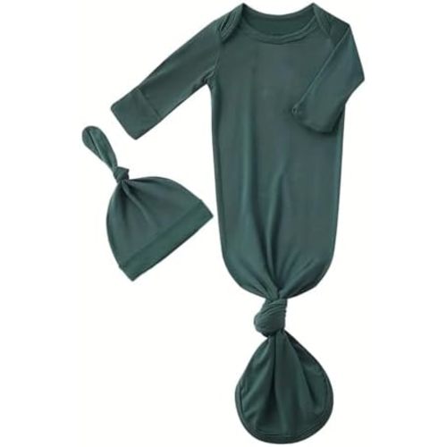 Bow Dream Rayon Bamboo Newborn Baby Boys Knotted Gown Sleeper Solid Color Jumpsuit with Matching Bonnet