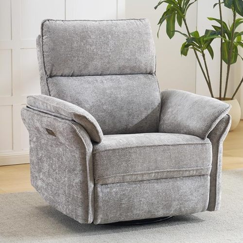 Oversized Power Recliner Chair Swivel Glider with Massage and Heat, Rocker Nursery Recliner for Adults with Adjustable Headrest, 26" Extra Wide Nursery Chair with Overstuffed Armrest,Light Grey