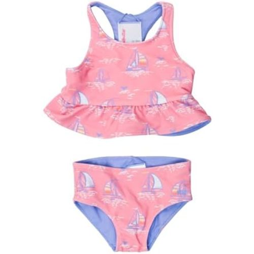 RuffleButts Baby/Toddler Girls UPF50+ Sun Protected Reversible Peplum 2 Piece Sleeveless Tankini
