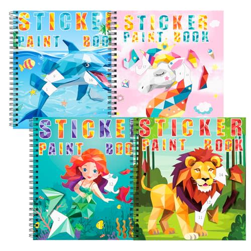 homicozy 4PCS Sticker Paint Books for Kids Ages 4-10,Unicorn Mermaid Animals Designs Paint By Stickers,Sticker By Numbers,Party Birthday Gifts for Girls 4-10,Create 40 Pictures One Stickers at A Time