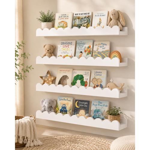 Scalloped Nursery Book Shelves, Set of 4 White Floating Wall Shelves