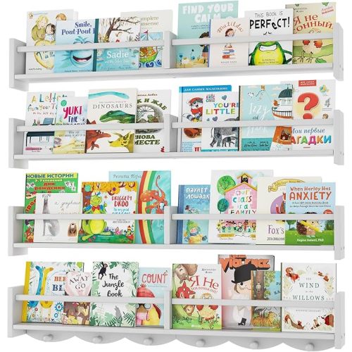 34Inch Nursery Bookshelves,Set of 4,Wall Floating Shelf Kids Coat Rack with 6Hooks,Hanging Book Shelf for Baby Nursery Room Décor ，Patent Number: 29958098(White, 34)