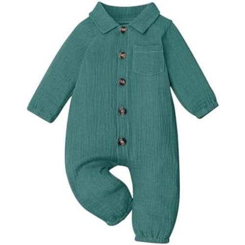 VISGOGO Baby Boy Polo Romper Long Sleeve Solid Bodysuit Cotton Linen Jumpsuit Collared Onesie Infant One-Piece Outfit