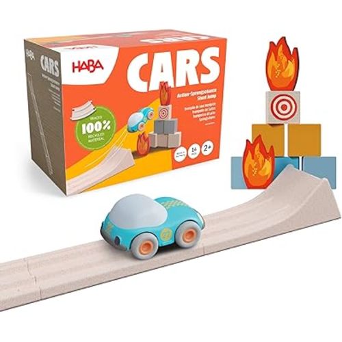 HABA Cars Action Ramp 14-Piece Toy Car Ramp Set, Sustainable Kids' Race Track with Stunt Jump & Push and Go Battery-Free Car Track Fun for Ages 2+