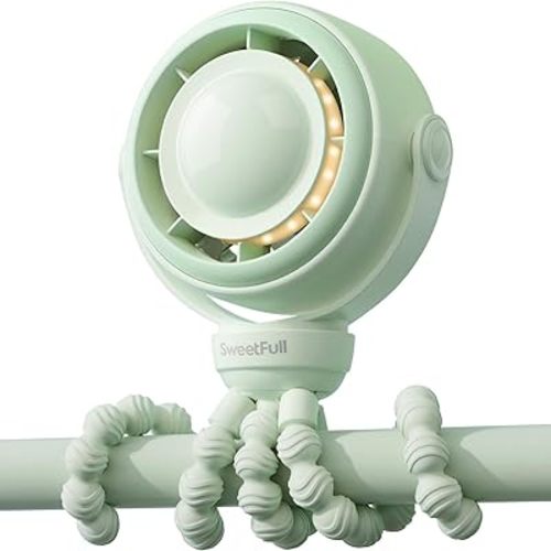 SWEETFULL Portable Pram Fan, 4 Speed Baby Stroller Fan, 360° Rotate Clip on Fan with LED Display & Night Light, 4000mAh Rechargeable Quiet Mini Safe Fan for Desk, Car Seat, Hand, Travel, Green