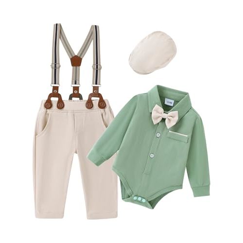 ZOEREA Baby Boy Suit 0-24M Gentleman Outfit Clothes Set Infant Long Sleeve Dress Shirt+Suspender Pants+Bowtie+Beret Hat