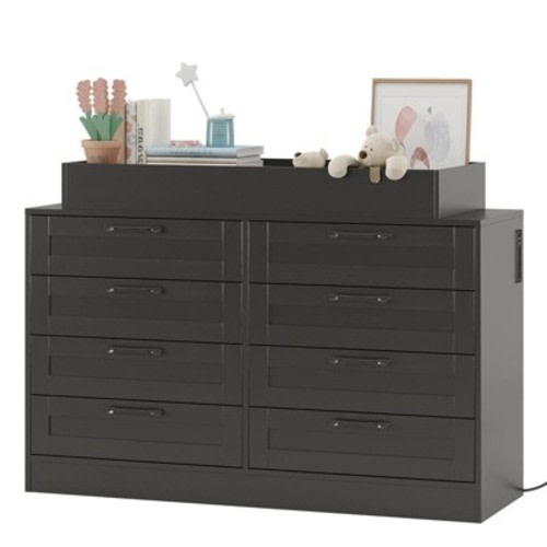 8-Drawer Changing Table Dresser ¨C Black, Multi-Functional Nursery Dresser with Changing Shelves for Bedroom