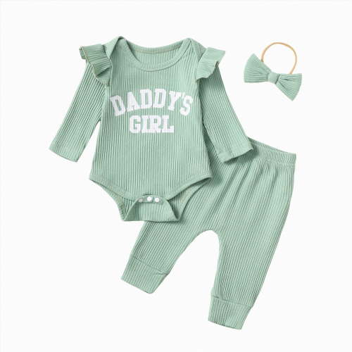 TOWED22 Infant Baby Girl Clothes 3 Pcs Outfits Fall Winter Long Sleeve Crew Neck Graphic Print Bodysuit Romper Flare Pants Headband Set(Green,3-6 M)