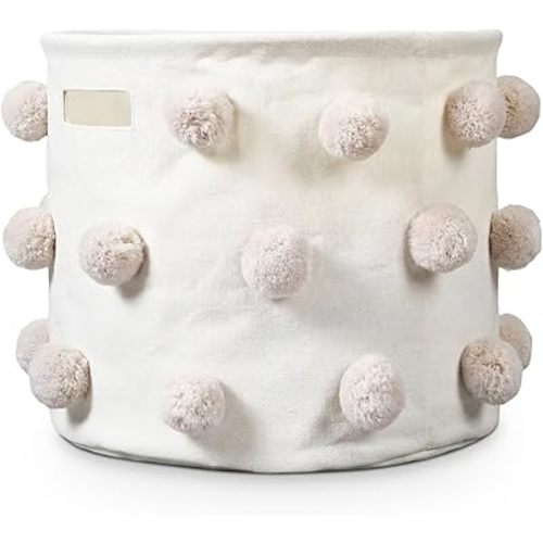 13"D x 12"H Pom Pom Basket Cotton Canvas Bins Baby Nursery Hamper Decorative Storage Organizer for Laundry Playroom Home Household Living Room