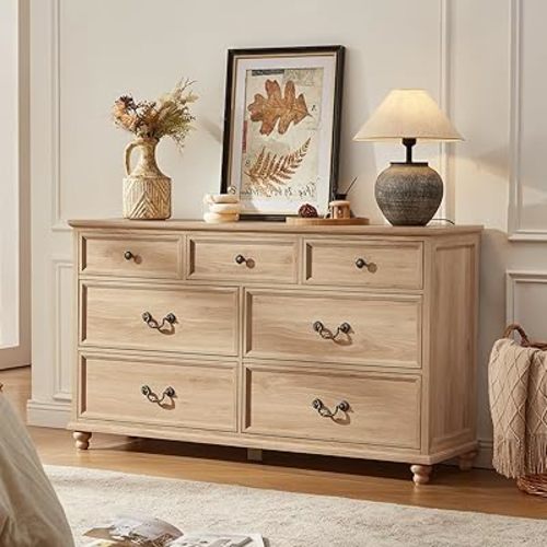 Farmhouse 54" 7 Drawers Dresser for Bedroom, Wide Chest of Drawers w/ 4 Wooden Legs, Vintage Rustic Large Closet Storage Dressers Organizer for Hallway, Wood TV Stand for Living Room, Natural