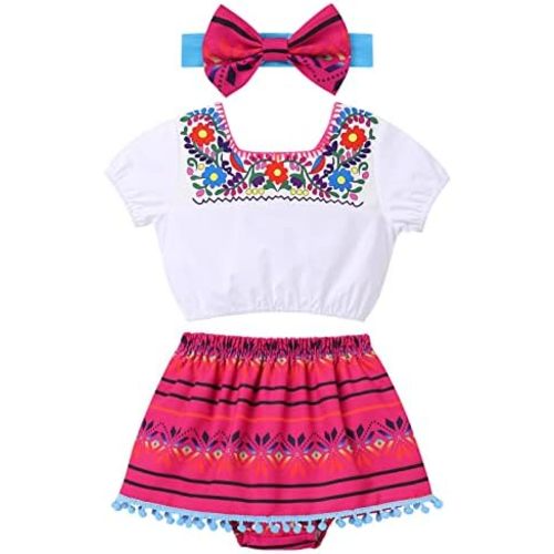 Kids Toddler Girls Traditional Mexican Off-Shoulder Floral Embroidered Drape Dress