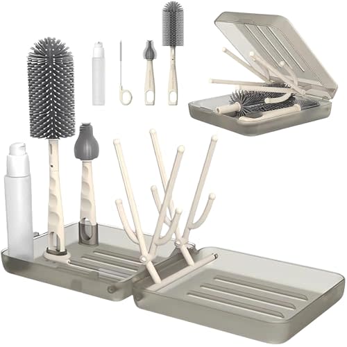 Bottle Brush Set Cleaner Silicone Brushes - Premium Food-Grade Silicone - Travel Friendly Portable Baby Bottle Cleaner Kit (Brown, Classic Style)