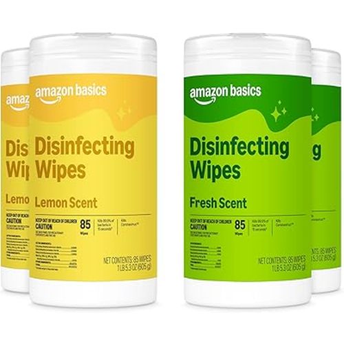 Amazon Basics Disinfecting Wipes, Lemon & Fresh Scent, Sanitizes, Cleans, Disinfects, Deodorizes, 340 Count (4 Packs of 85), Packaging May Vary