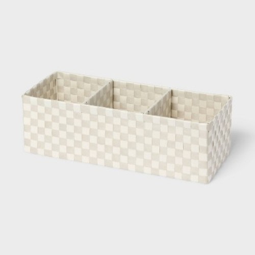 Woven Plastic 3 Compartment Bin Tan/White Checkered - Brightroom™