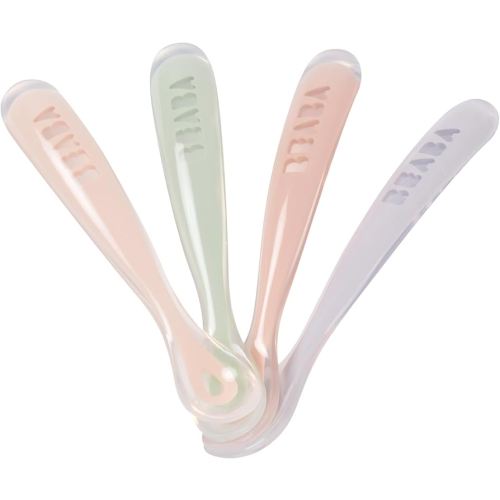 BEABA First Stage Baby Feeding Spoon Set, The Original Soft Tip Silicone Spoons for Babies, Gum Friendly BPA Lead Phthalate and Plastic Free, Great Gift Set (4 Pack), Rose