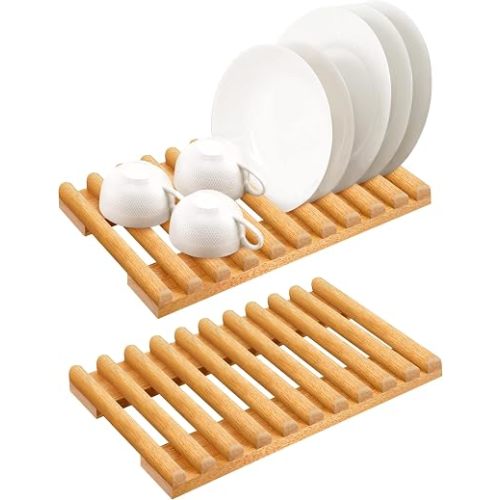 Solid Wood Kitchen Dish Drying Rack 10 Slots Plate Organizer for Cabinet New Apartment Essentials Plate Holder for Kitchen Display Countertop (Pack of 2)