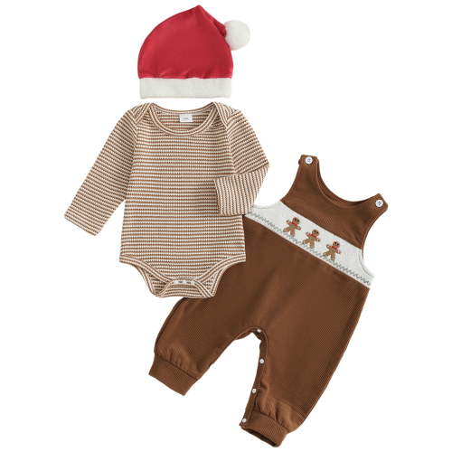 UAYOTSE Baby Boy Christmas Outfit Long Sleeve Romper Overall Pants 3Pcs Fall Clothes Set(3-6 Months,I173-Brown)