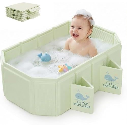 Foldable Baby Bathtub for Ages 0–6, Collapsible with 4 Support Legs, (Light Green)