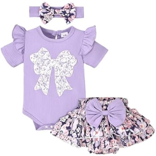 Baby Girl Clothes Summer Outfits Newborn Ruffle Sleeve Romper Infant Flower Shorts Set with Headband 0-18 Months