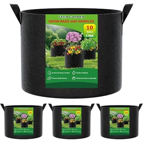 FEED GARDEN 10 Gallon Grow Bags 4 Pack 300G Thickened Non-Woven Fabric Pots
