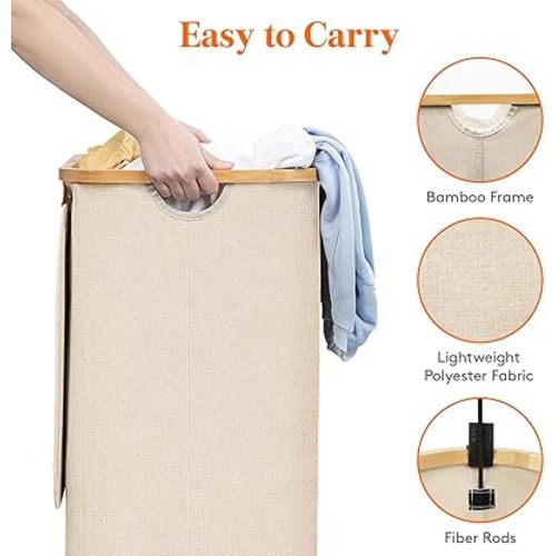 Lifewit 100L Laundry Basket with Lid, Clothes Hampers for Laundry with Bamboo Handles and A Removable Bag, Large Foldable Laundry Hamper for Bedroom, Bathroom, Dorm, Laundry Room, Beige