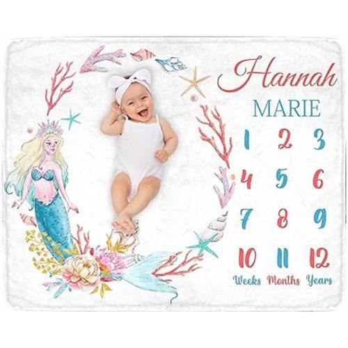 Artsadd Custom Baby Monthly Milestone Blanket with Name - Personalized Mermaid Baby Age Blanket with First Year Calendar Growth Chart - 40" x 50" for Girls & Boys