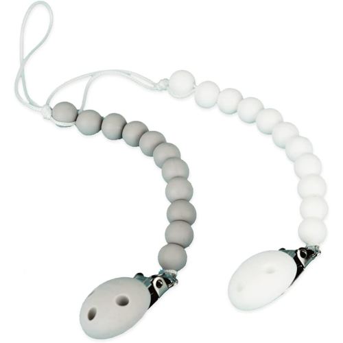 Kids Heroes Silicone Pacifier Holder Clip with One Piece Design for Baby, 2 Pack (White and Grey)