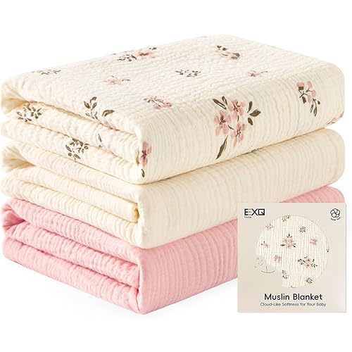 EXQ Home Muslin Swaddle Blankets for Baby, 3 Pack Cotton Breathable Soft Receiving Blankets for Newborn Boys and Girls, Baby Essentials & Gift, 38x40 inches(Pink Blossoms)