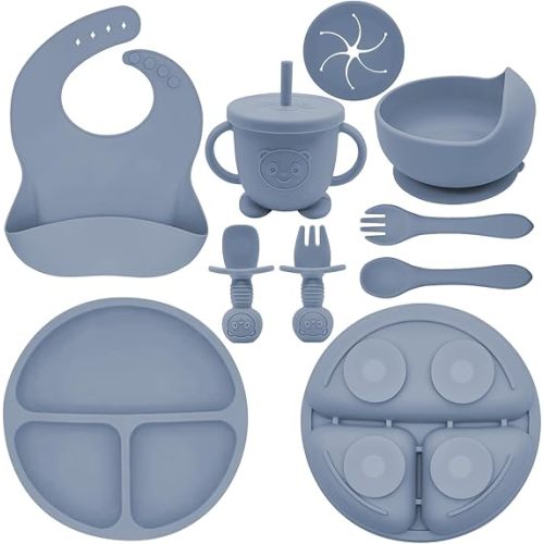 Silicone Baby Feeding Set | Baby Led Weaning Supplies Includes Suction Bowls and Divided Plates, Adjustable Bib, Baby Utensils Spoons and Forks,Cup | Baby Feeding Essentials (Blue Gray)