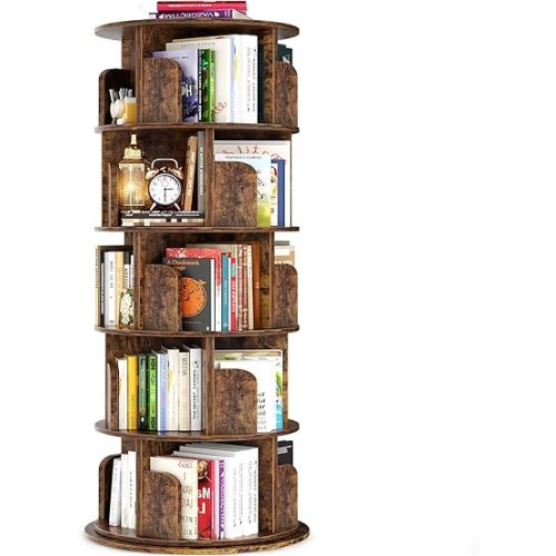 Besiost Rotating Bookshelf Tower, 5 Tier Spinning Bookcase, Revolving 360 Book Shelf Narrow Tall Bookcase, Vertical Turning Round Bookshelf Organizer, Corner Book Shelf for Small Space, Rustic Brown