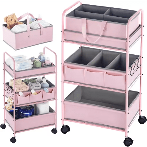 2in1 Baby Diaper Caddy Organizer Cart 3 Tier Large Capacity Metal Utility Bedside Rolling Cart with Divider Newborn Registry Nursery Essential Must Have Crib Bedroom Baby Shower(Pink)
