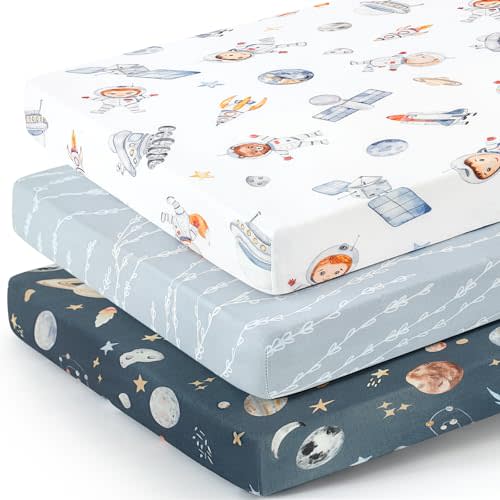GRSSDER Pack n Play Sheets Fitted 3 Pack, Stretchy Ultra Soft Jersey Knit Pack and Play Sheets, Universal Fitted Portable/Mini Crib Mattresses Snug and Safe, Space Stylish Print