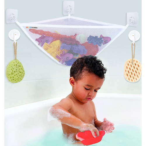 Bath Toy Storage for Tub, Corner Bathtub Toy Holder Organizer by Sherry, Large Bath Net for Tub Toys, Baby Bathroom Shower Caddy Hanging Basket Bin + 3 Wall Suction Cups, 3 Adhesive Hooks