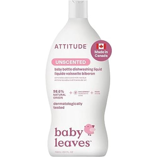 ATTITUDE Baby Dish Soap and Bottle Cleaner, Made in Canada, EWG Verified Dishwashing Liquid, No Added Dyes or Fragrances, Tough on Milk Residue and Grease, Vegan, Unscented, 700 mL