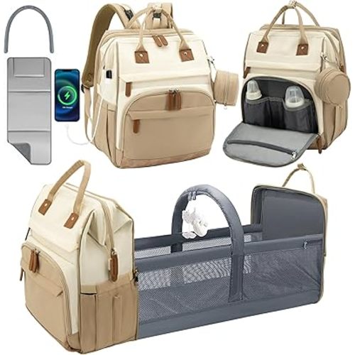 DERJUNSTAR Large Diaper Bag Backpack with Fold-Out Changing Area, Waterproof Baby Bag with 17 Pockets, Insulated Bottle Holders, USB Charging Port, Travel Diaper Backpack for Mom & Dad