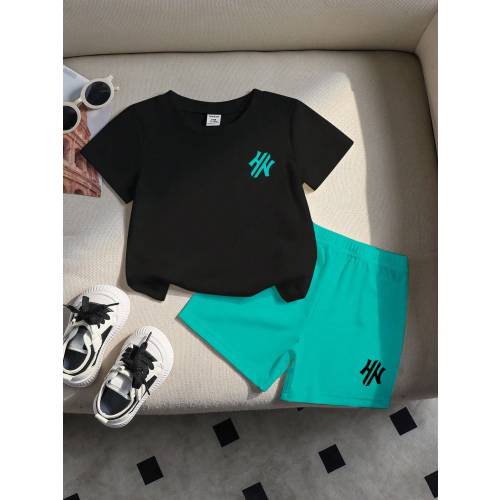 2pcs Set Baby Boys 'HN' Letter Print Round Neck Short Sleeve Black T-Shirt And Blue Shorts Summer Set