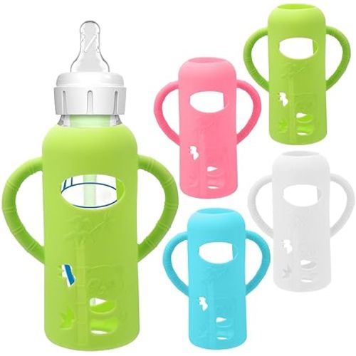 4 Pack Silicone Sleeves for Dr. Brown's Glass Baby Bottles - Drop Protection Baby Bottle Sleeves,Compatible with Dr. Brown's Newborn Glass Bottles,with Silicone Handles,8 oz