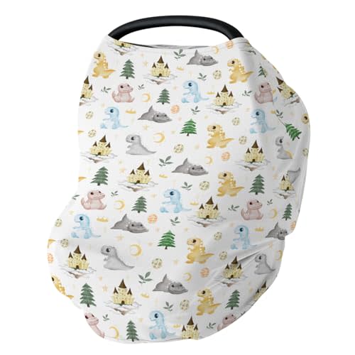 Cute Dragon Fairytale Baby Car Seat Covers Dragons Eggs Castle Moon Stars Trees Leaves Stretchy 5-in-1 Cover Adjustable Car Canopy Cover Fantasy Animal Breathable Nursing Cover-Up