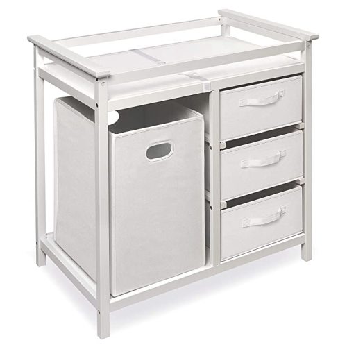 Badger Basket Modern Baby Changing Table - Nursery Furniture with Laundry Hamper and 3 Storage Drawers - Diaper Changing Station with Safety Belt, Changing Pad, and Organizer Baskets - White