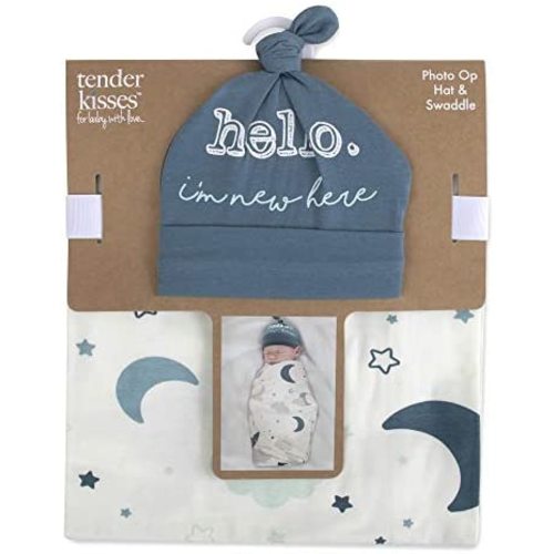 Soft Cotton Baby Swaddle Wrap Blanket with Matching Hat or Headband Cap Set for Newborns and Infants (Starry)