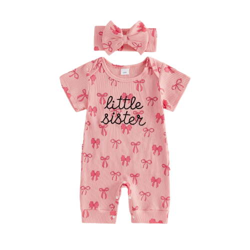 BemeyourBBs Newborn Baby Girl Little Sister Outfit Infant Baby Girl Summer Clothes Ribbed Romper Letter Embroidery Bow Print Short Sleeve Jumpsuit with Headband 2Pcs Set