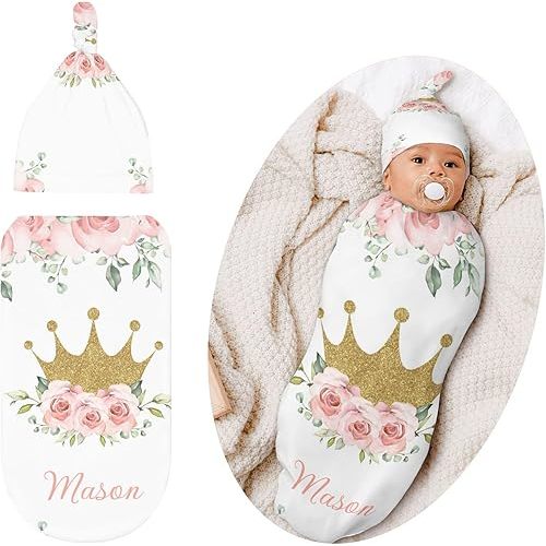 Floral Crown Princess Pink Personalized Baby Swaddle Blanket and Hat Set, Custom Name Newborn Blanket for Boys & Girls