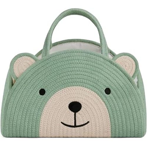 Lmbabter Baby Diaper Caddy Cotton Rope Diaper Organizer Basket Rainbow Theme Nursery Storage Bin Daypack Car Travel (Green Bear)