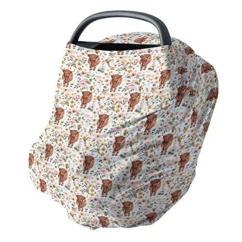 HawSkgFub Highland Cow Floral 5-in-1 Car Seat Cover for Baby Girl Cow Lover Gift, Western Cowgirl Retro Boho Flower Privacy Breastfeeding Nursing Cover, Newborn Infant Multi-use Carseat Canopy Carrier
