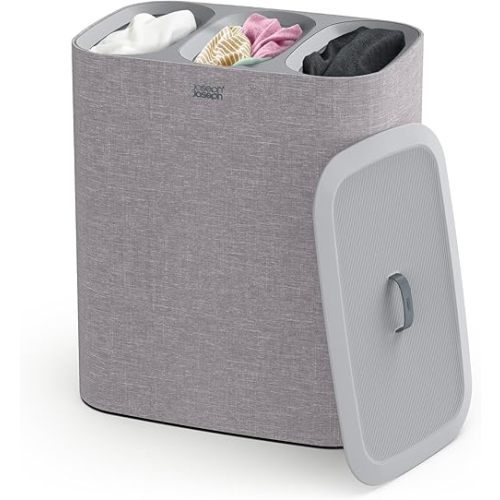 Joseph Joseph Tota Trio 90 liter/23.8 gallon Laundry Hamper Separation Basket with lid, 3 Removable Washing Bags with Handles- Gray