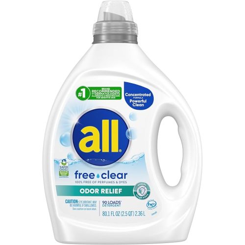 all Laundry Detergent Liquid, Free Clear for Sensitive Skin, Odor Relief, Unscented and Hypoallergenic, 2X Concentrated, 90 Loads