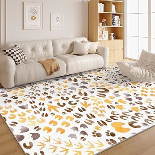 Animals Tracks Rug 8x10 Rug, Cartoon Paw Prints Area Rug, Bear Duck Bird Cat Dog Rugs, Large Accent Rug, Soft Indoor Floor Mat Carpet for Bedroom Office Dining Living Room Decor (Yellow Brown)