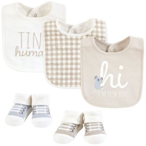 Hudson Baby Cotton Bib and Sock Set, New Here, One Size